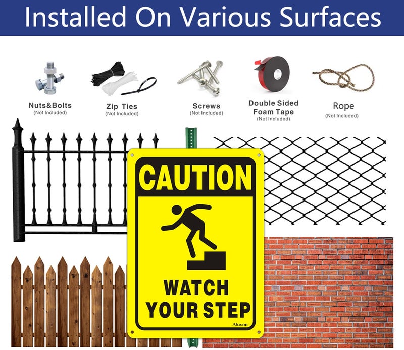 Afuven Caution Watch Your Step Signs 10" x 7" Metal for Stairs Workplace Home Business Safety Wet Floor Caution,Help Prevent Public Areas Indoor Outdoor Falls Sign Rust Free Aluminum Outdoor Use 2 Pack - Image 4